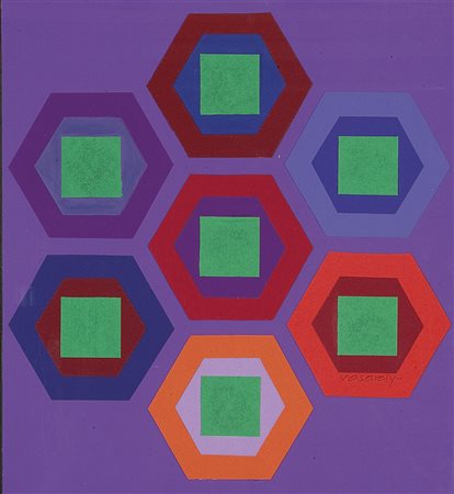 VASARELY VICTOR H 1908 - 1997 F "Hat vert" 1985 37x33 collage su carta Opera...