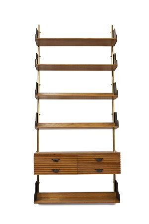 LIBRERIA Libreria pensile in ottone zapponato con piani in rovere, supporti...