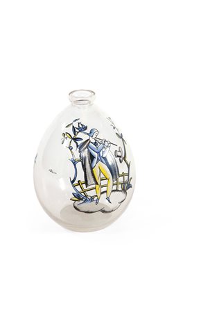 VEDAR Vasetto in vetro trasparente con decoro a smalto raffigurante pifferaio...