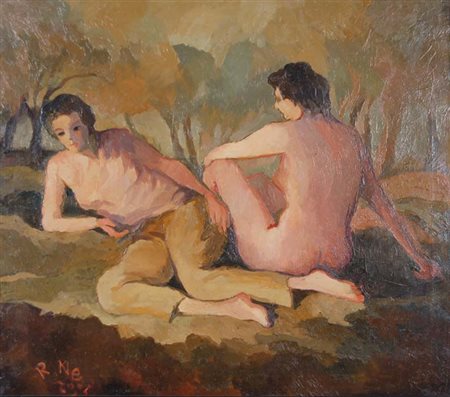 NESI RENATO Treviso 1923 - 2004 Figure Sul Prato (Anni '70) olio su tela...