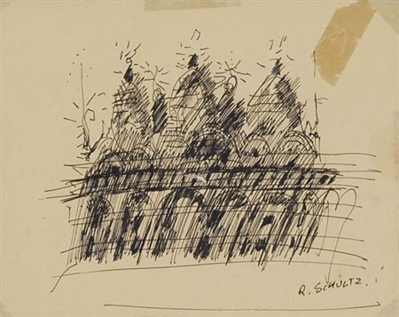 SCHULTZ RAOUL Lero (Egeo) 1931 - Venezia 1971 Cattedrale disegno a china su...
