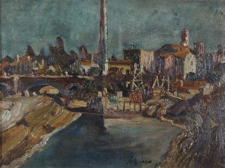 BUSO ARMANDO Tezze di Piave 1914 - Oderzo 1975 Paesaggio olio su faesite...