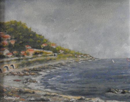 TAMAGNO GIAMPIERO TORINO 1937 IL MARE DI CERVO OLIO SU TAVOLA cm 24 x 30...