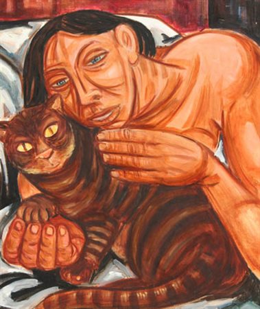 Giuseppe MIGNECO Messina 1908 - Milano 1997 Donna e gatto, 1958 olio su tela...