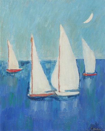 Enrico PAULUCCI Genova 1901 - Torino 1999 Vele e luna, 1985 olio su tela oil...