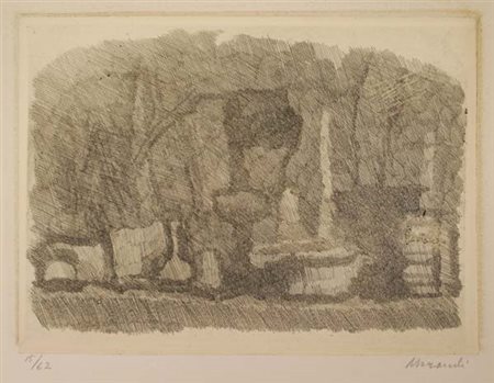 Giorgio MORANDI Bologna 1890-1964 Natura morta di vasi, bottiglie su un...