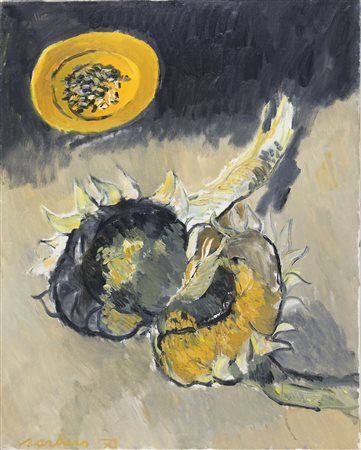 BARBARO SAVERIO (n. 1924) Due girasoli e piatto giallo. . 1971. Olio su tela...