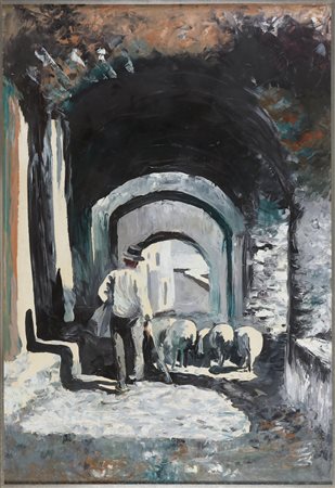 BERRINO MARIO (n. 1920) Pastore con gregge. Olio su faesite. Cm 70,00 x...