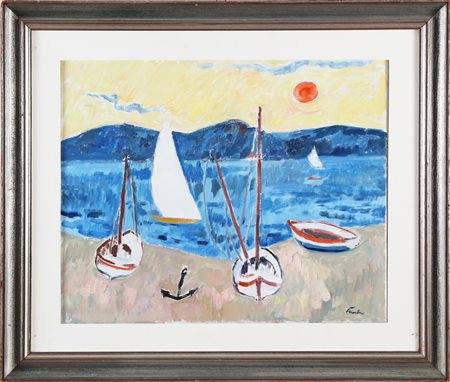 PAULUCCI ENRICO (1901 - 1999) Spiaggia ligure. 1982. Olio su tela . Cm 60,00...