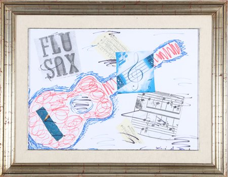 CHIARI GIUSEPPE (1926 - 2007) Chitarra. Tecnica mista e collage su cartone....