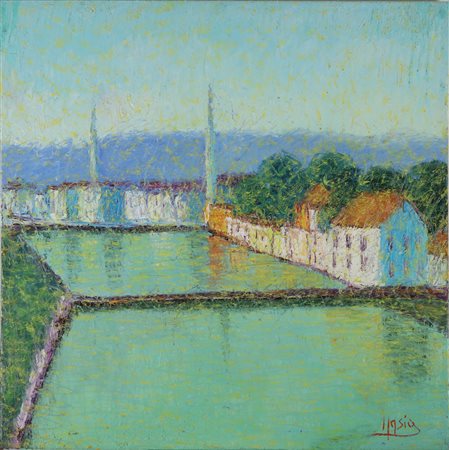 MASIA ROBERTO (n. 1958) Zurigo ( scorcio). . Olio su tela . Cm 100,00 x...