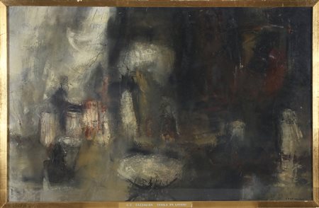 CAZZANIGA GIANCARLO (1930 - 2013) Tavolo da lavoro. 1960. Olio su tela . Cm...