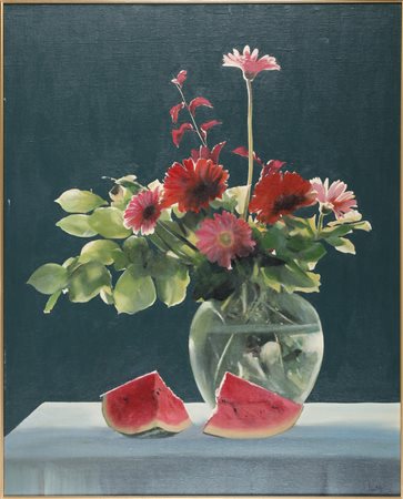 CICCOTELLI BENIAMINO (n. 1937) Fiori e cocomero. Olio su tela . Cm 80,00 x...