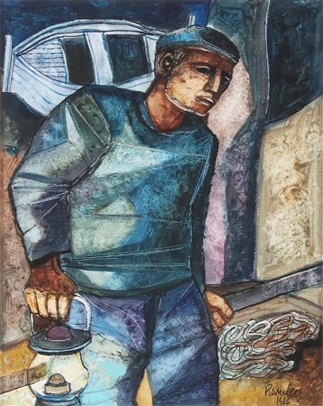 RANUCCI LUCIO (n. 1925) Pesca notturna. 1986. Olio su tela . Cm 24,00 x...