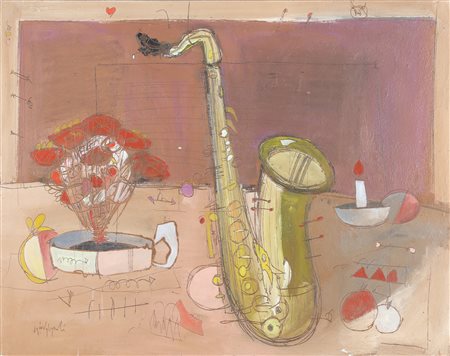 GIOVAGNOLI LUCA (n. 1963) Natura morta con sax. 1994. Olio su faesite. Cm...