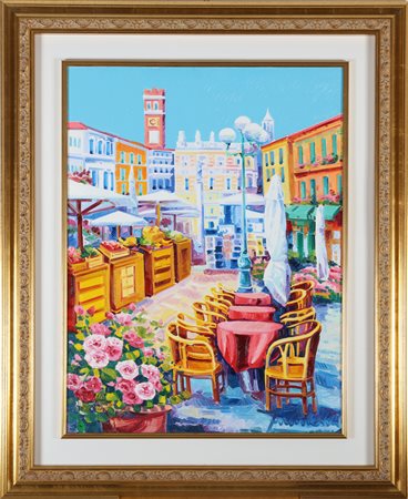 FACCINCANI ATHOS (n. 1951) Emozioni rubate a piazza erbe. Olio su tela . Cm...