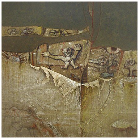 MICHELE LOVI Lucca 1939 Senza titolo Olio, t.m. e juta su faesite 50 x 50....