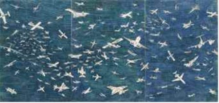 Alighiero Boetti (1940-1994) Aerei biro blu su carta applicata su tela, tre...