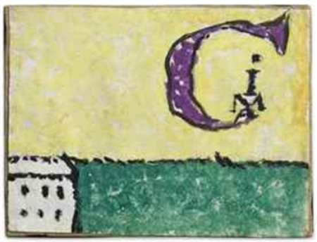 Osvaldo Licini (1894-1958) Personaggio su fondo giallo olio su tela applicata...