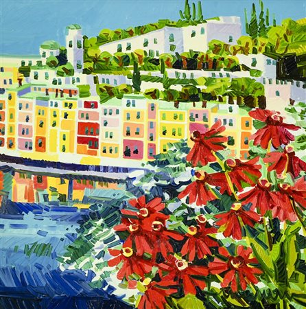 Athos Faccincani (Peschiera del Garda (Vr) 1951 ) Porto Venere e fiori rossi,...
