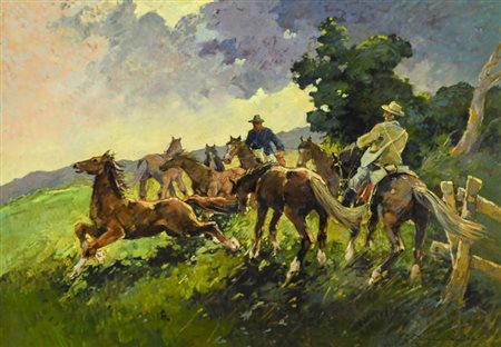 Carlo Domenici (Livorno 1897 Portoferraio 1981) Cavalli maremmani, Olio su...