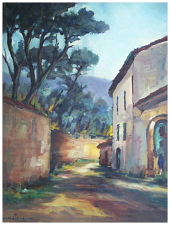 LIVIO BATTAGLINI Pisa 1921 – Pisa ? Un vicolo di Calci 1973 Olio su faesite...