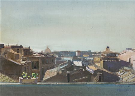 MARCELLO MUCCINI (1926-1978) Terrazza di casa Olio su tela cm 50x70 Firma al...