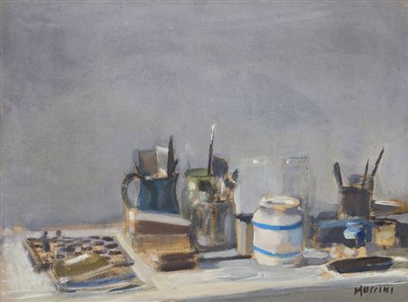 MARCELLO MUCCINI (1926-1978) Lo studio dell'artista Olio su tela cm 45,5x60...