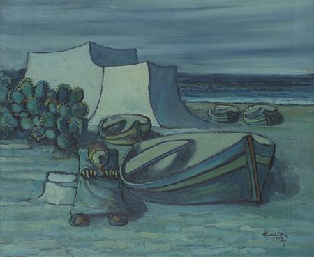 CARMELO CONTE Il mare e l'ambiente, 1972 Olio su tela cm 50x60 Firma e...