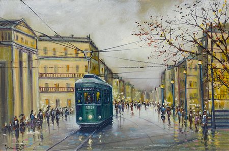 FRANCESCO GRASSI (1940) Tram verde a Milano Olio su tela cm 40x60 Firma al...