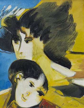 REMO BRINDISI Maternit&agrave; Olio su tela cm 41x33 Firma al fronte Dedica...