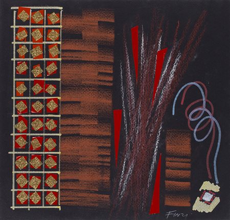 ENNIO FINZI (1931) Senza Titolo Tecnica mista e collage su cartoncino nero cm...