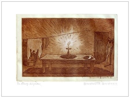 BENVENUTO BENVENUTI 1881 - 1959 La stanza del povero Acquaforte a colori....