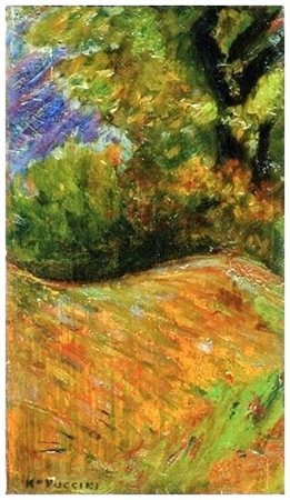 MARIO PUCCINI 1869 - 1920 Sottobosco Olio su tavola 24,5 x 14. Firma in b. a...