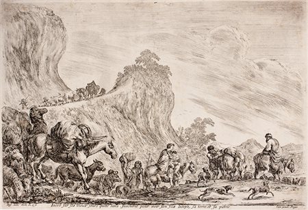 Stefano Della Bella,&nbsp;Il viaggio di Giacobbe in Egitto.1645Acquaforte. mm...