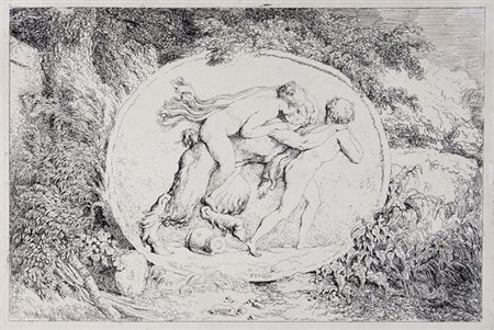 Jean-Honoré Fragonard,&nbsp;Satiro in corsa bacia una ninfa sulle sue...