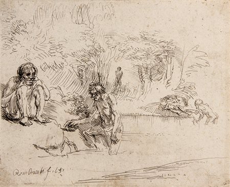 Rembrandt Harmenszoon van Rijn,&nbsp;Uomini al bagno.1651Acquaforte e...