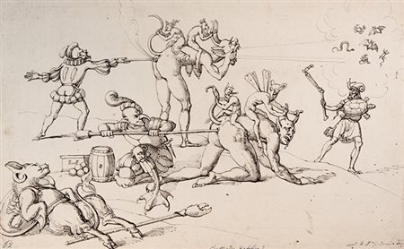 Ferdinando Suman,&nbsp;Battaglia diabolica.Penna e inchiostro nero su carta...