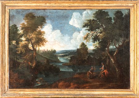 Marco Ricci&nbsp;[cerchia di],&nbsp;Paesaggio boschivo con figure.Olio su...