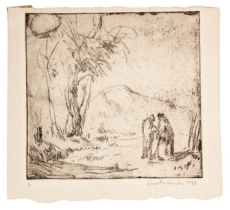 Lino Bianchi Barriviera,&nbsp;Due figure che conversano sulla strada, alberi...