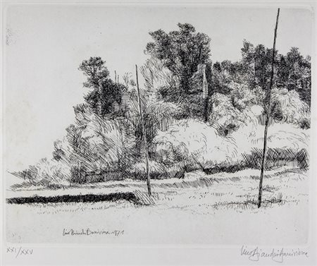 Lino Bianchi Barriviera,&nbsp;Paesaggio a Tor di Quinto.1971Acquaforte e...