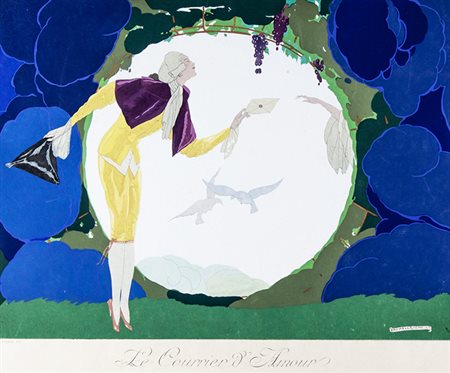Umberto Brunelleschi,&nbsp;Le Courrier d'Amour. Incisione colorata a pochoir....