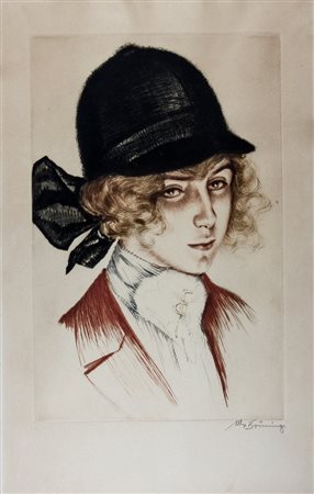 Max Brüning,&nbsp;Ritratto di amazzone.Acquaforte a colori. mm 420x270....
