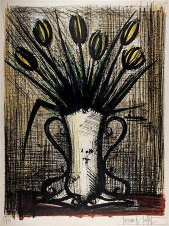 Bernard Buffet,&nbsp;Vase de tulipes.1960Litografia a colori. mm 670x510....