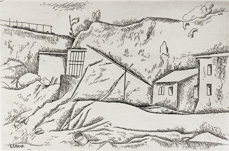 Carlo Carrà,&nbsp;La casa del pescatore.1924Acquaforte su rame. mm 148x220....