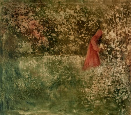 Domingo Motta,&nbsp;Figura incappucciata nel parco. (Da Grubicy). Acquatinta...