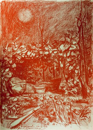 Lino Bianchi Barriviera,&nbsp;Nell'orto di Acciaroli.1964Pastello rosso su...