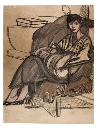 Maxime Pierre De Thomas,&nbsp;Ritratto di signora seduta.Carboncino e tempera...