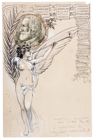 Roberto Franzoni,&nbsp;Allegoria con ritratto di Giuseppe Verdi.Penna e...
