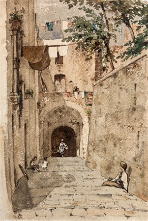 Pietro Gabrini,&nbsp;A Sorrento. Acquerello su cartoncino. mm 235x160....